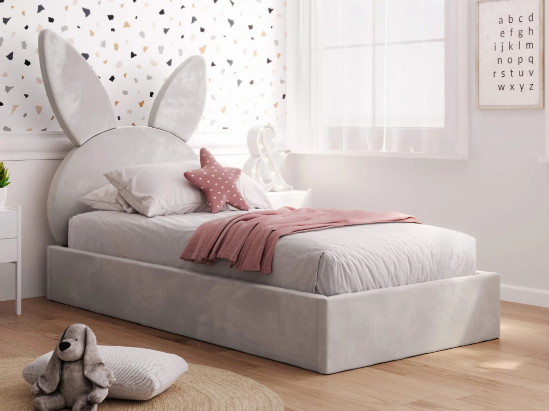 Łóżko dziecięce tapicerowane 90x200 ze stelażem szary Velvet Kids Line 2 Królik