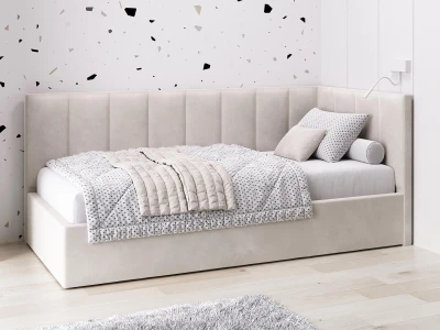 Tapczan jednoosobowy tapicerowany 90x200 z pojemnikiem ze stelażem beżowy Velvet Tom