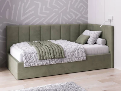 Tapczan jednoosobowy tapicerowany 90x200 z pojemnikiem ze stelażem oliwkowy Velvet Tom