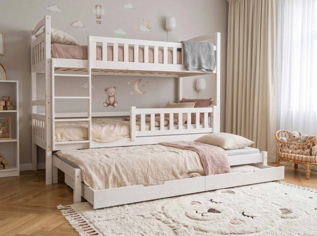 Łóżko piętrowe 3 osobowe drewniane 90x200 z szufladami P3S białe