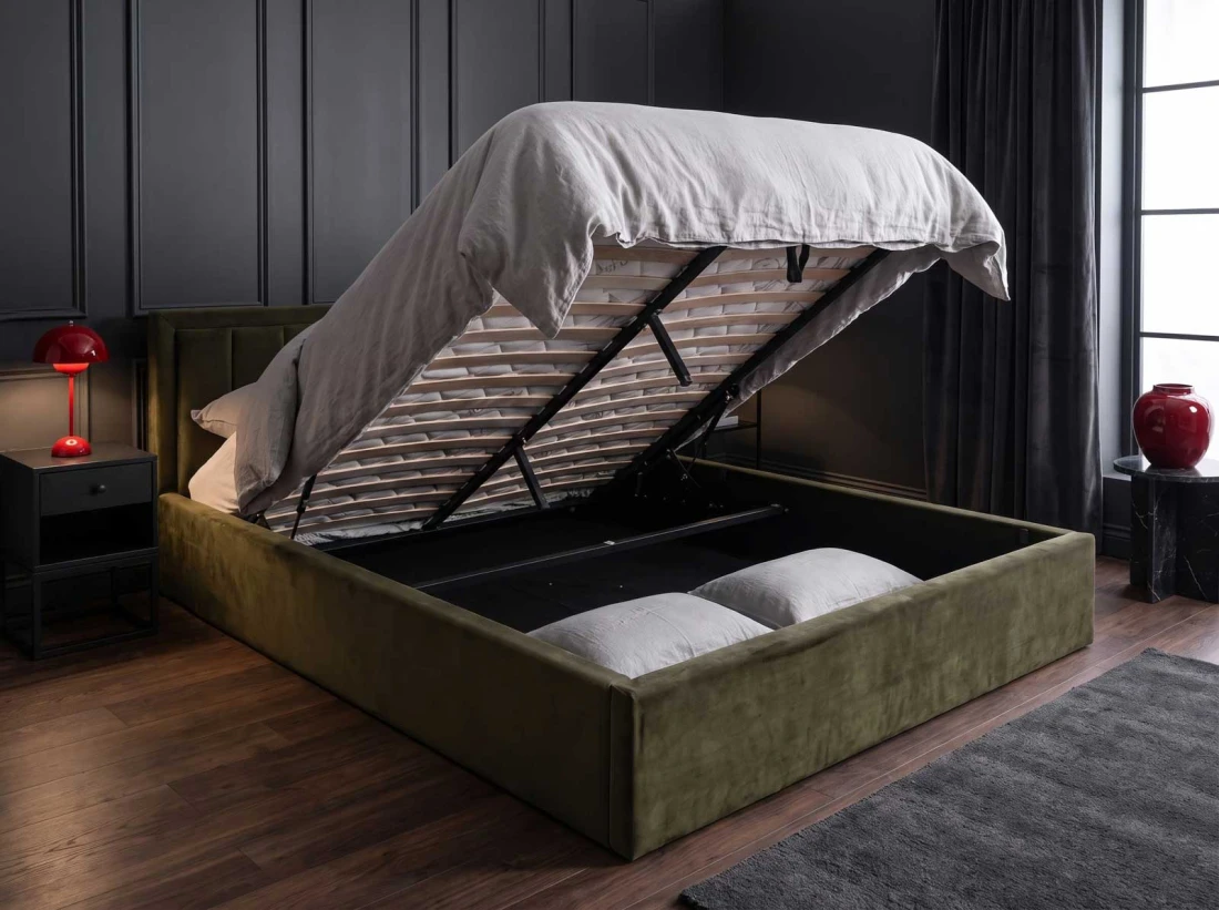 Łóżko tapicerowane z pojemnikiem 180x200 TOP line 9 w welurowej tkaninie Bluvel 77 Oliwkowa