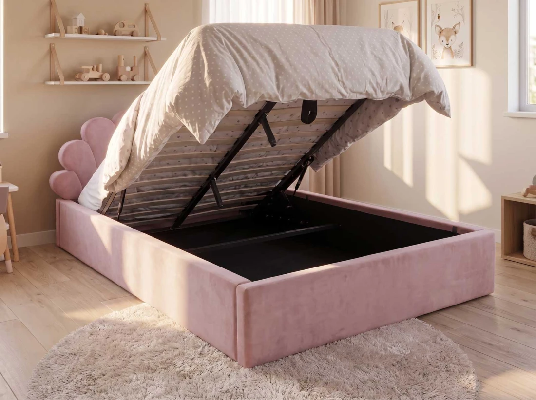 Łóżko dziecięce tapicerowane z pojemnikiem 120x200 ze stelażem różowy w tkaninie welurowej Velvet Kids Line 3 Muszelka